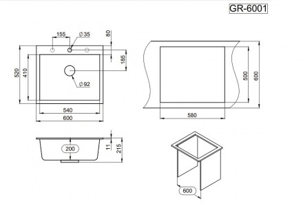Кухонная мойка кварцевая Granula GR-6001 Графит
